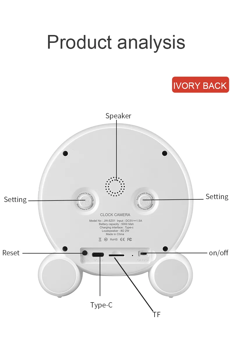1080P 2MP Tuya Smart Wireless Digital Table Clock Camera with Battery