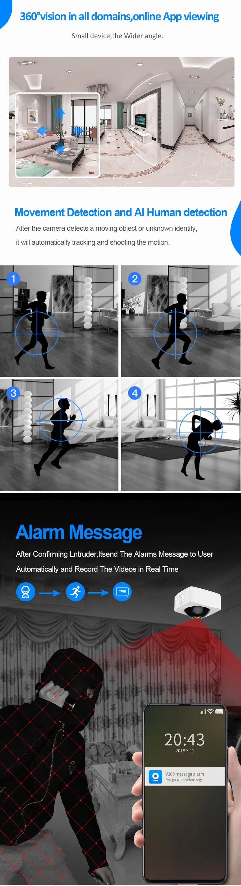 360 Panoramic Full HD 2.4GHz Home Smart 960p Wireless WiFi Camera with 16g SD Card