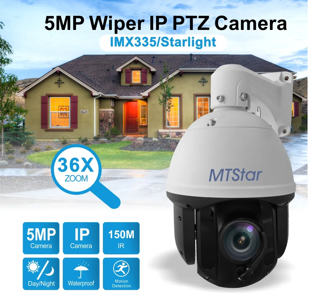 4.6mm~167mm 36X Optical Zoom PTZ 5MP Poe IP Camera P2p Hi3516A Sony Imx335 Water Wiper IR 150m Waterproof Security Camera