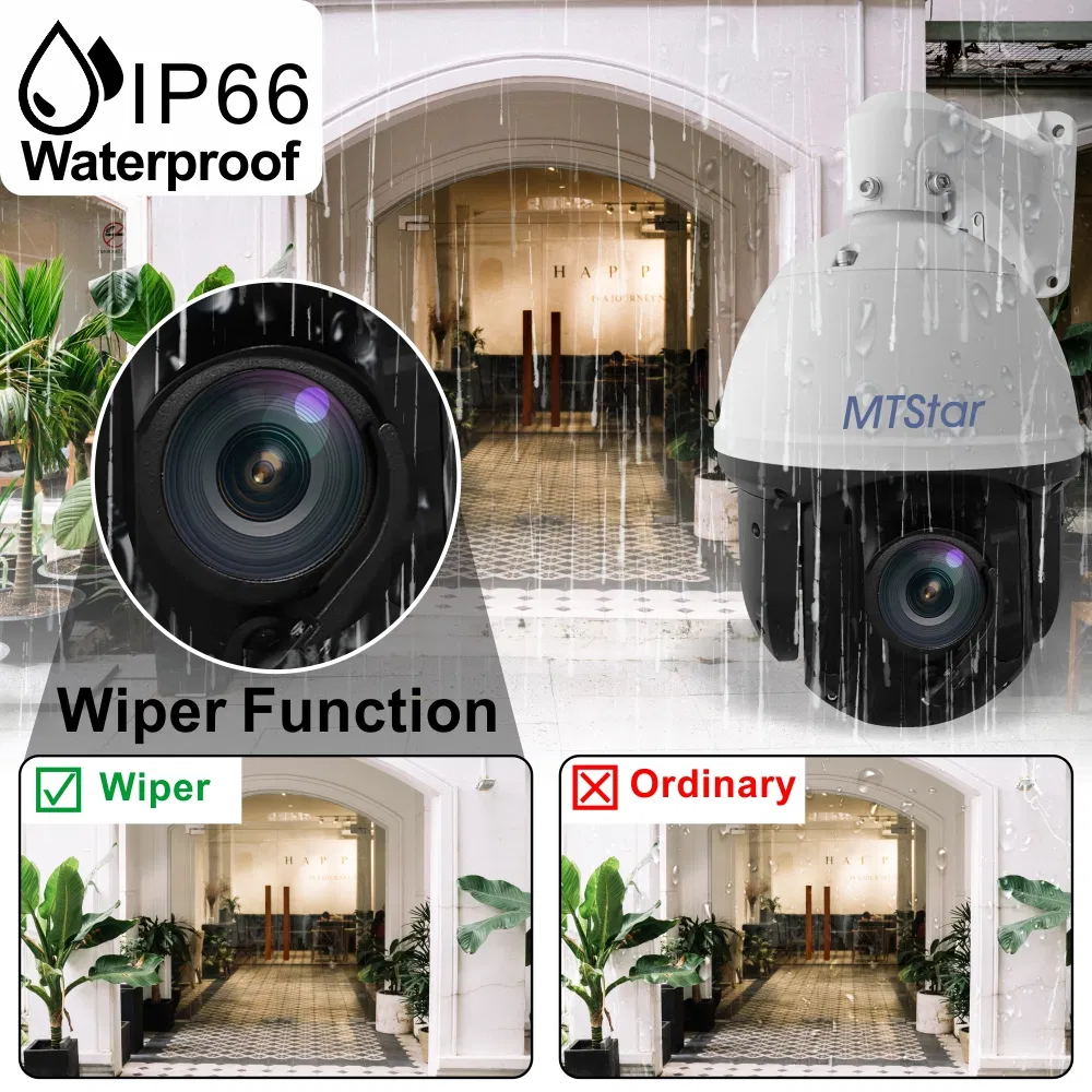 4.6mm~167mm 36X Optical Zoom PTZ 5MP Poe IP Camera P2p Hi3516A Sony Imx335 Water Wiper IR 150m Waterproof Security Camera