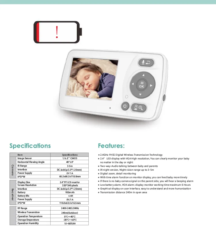 Factory Price Video Vb601 Baby Monitor 2.0 Inch with Night Vision Two-Way Talk LCD Display Temperature Monitoring for Baby Sleep