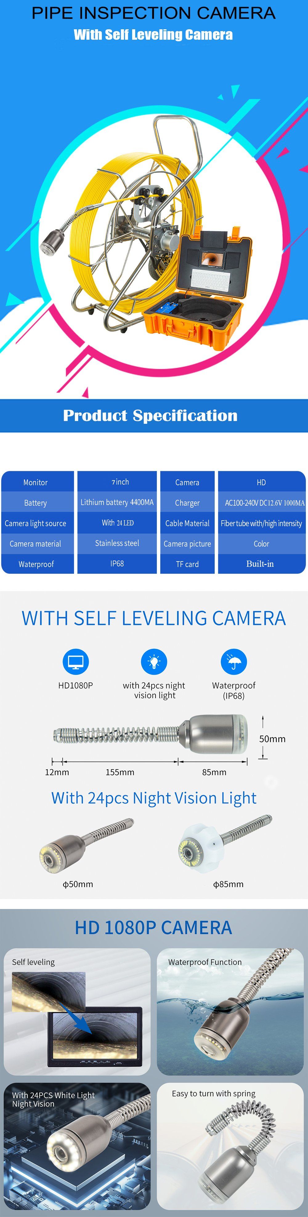 HD 1080P 50mm Lens Pipeline/Pipe Drain Wall Clean Inspection Endoscope Camera with 24PCS LED