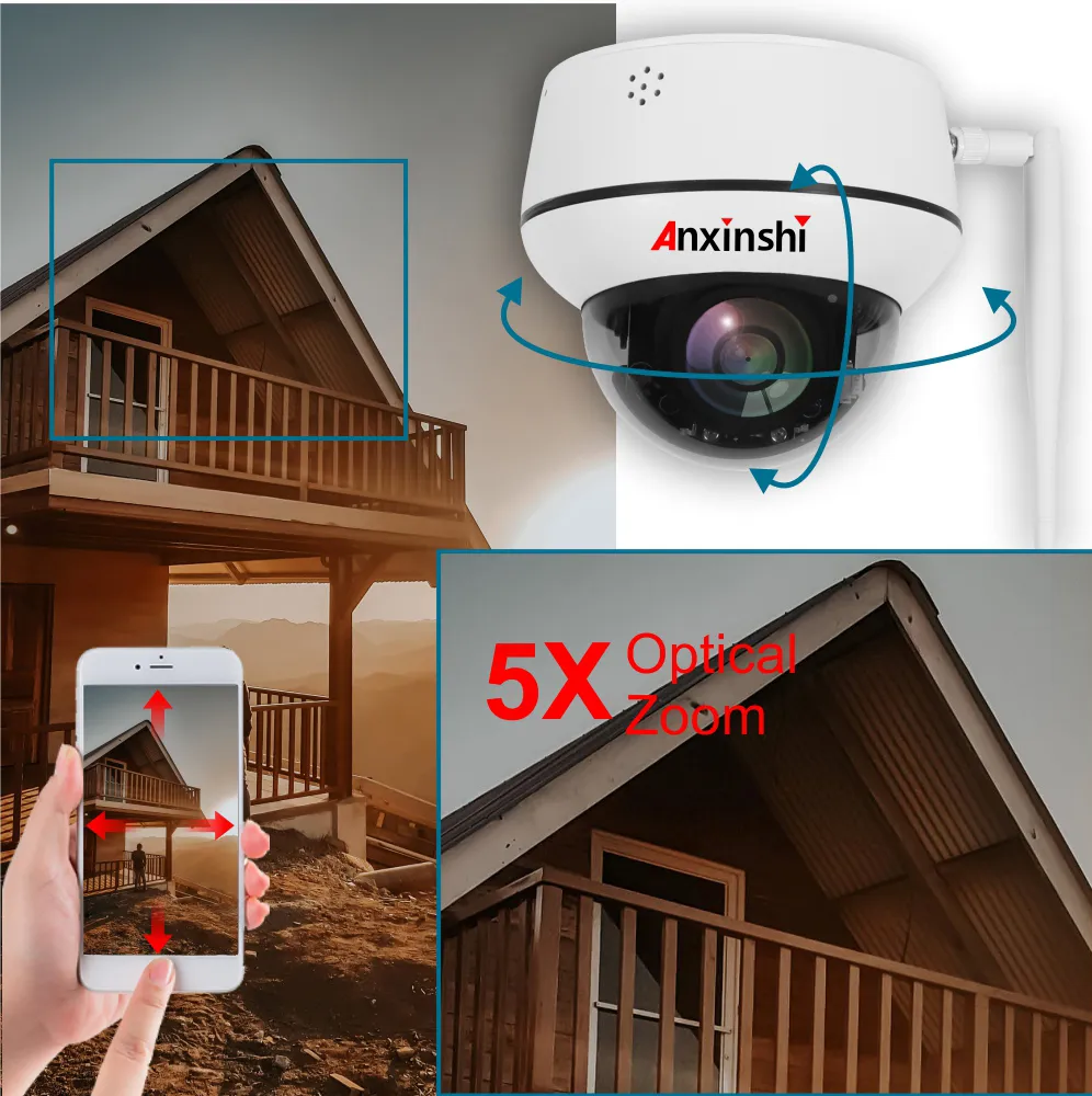Outdoor Waterproof 5X Optical Zoom Lens 5MP WiFi PTZ Camera Vandalproof Hi3516EV300+ Sony Imx335 PTZ Wireless Camera