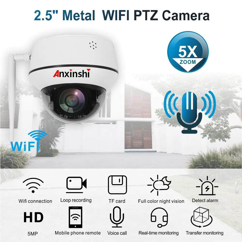 Outdoor Waterproof 5X Optical Zoom Lens 5MP WiFi PTZ Camera Vandalproof Hi3516EV300+ Sony Imx335 PTZ Wireless Camera