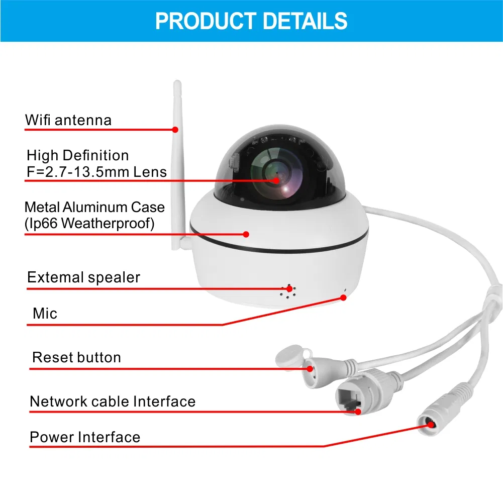 Outdoor Waterproof 5X Optical Zoom Lens 5MP WiFi PTZ Camera Vandalproof Hi3516EV300+ Sony Imx335 PTZ Wireless Camera