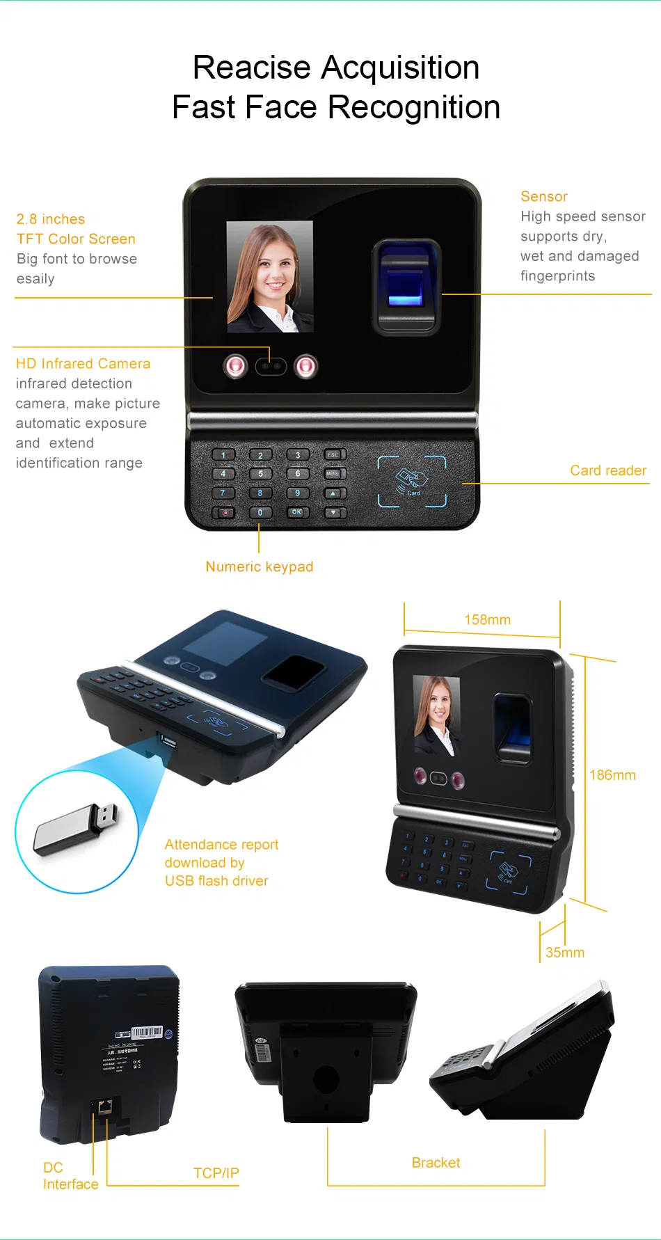 Timmy RFID Fcae Recognition Fingerprint Access Control Time Attendance Machine
