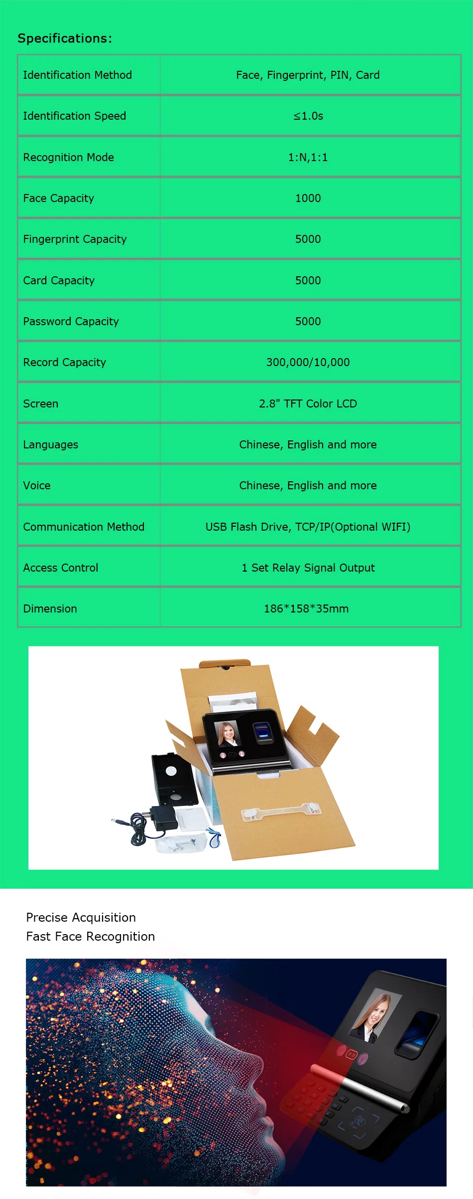 Timmy RFID Fcae Recognition Fingerprint Access Control Time Attendance Machine