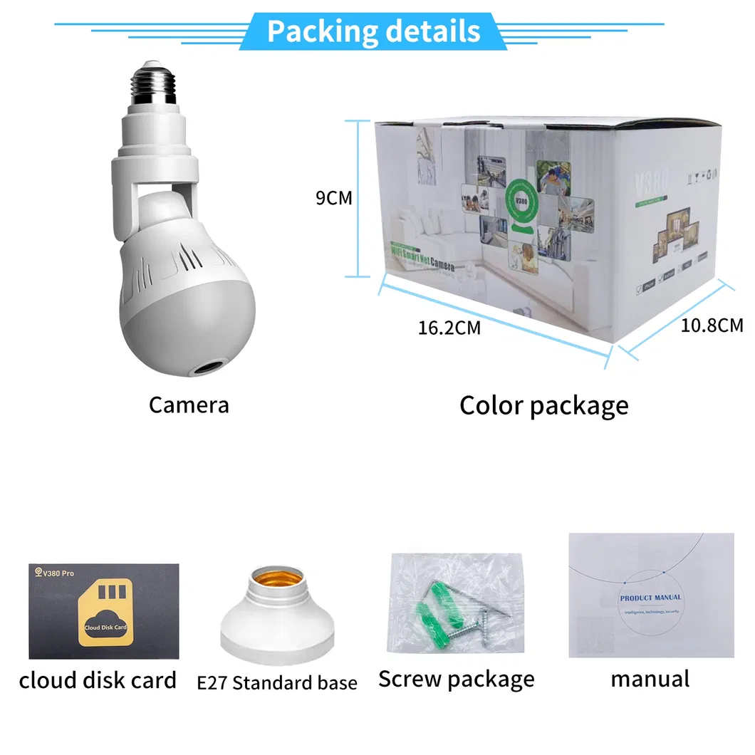 V380 2.4G 360 Degree Panoramic Onvif H. 265 1080P HD WiFi Bulb Camera WiFi Adjustable Bulb Camera