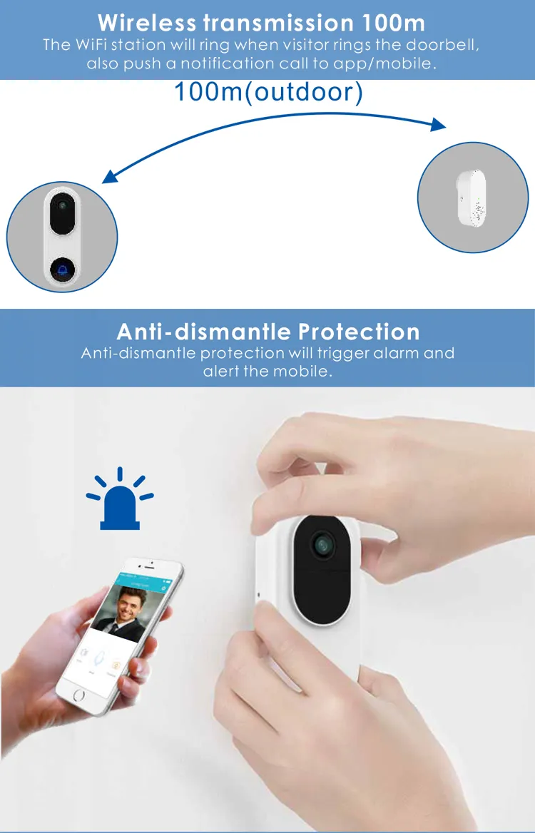 Wireless Smart WiFi Video Doorbell Camera P2p Voice Recording Ring Door Bell Alarm Battery Chime for Apartments